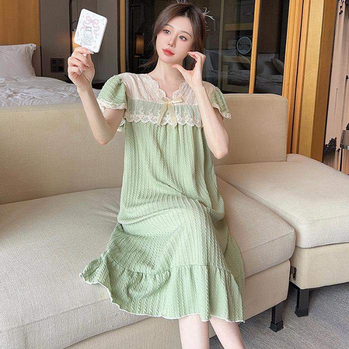 Женская летняя милая принцесса ночная рубашка с короткими рукавами, средней длины, большого размера, идеальна в качестве домашней одежды