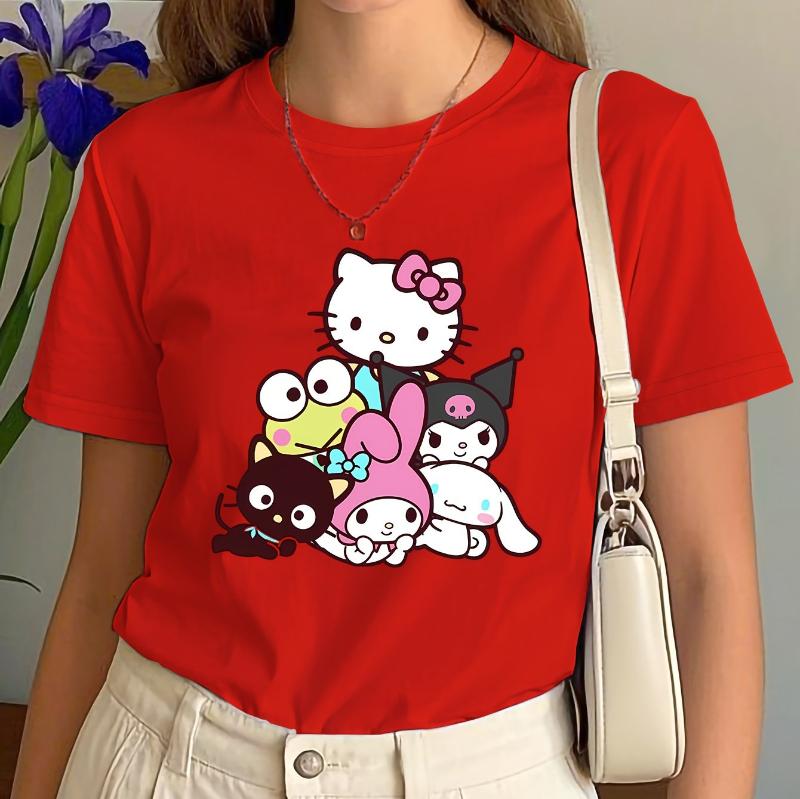 Hello Kitty and Friends Pattern Tshirt Round Neck Short Sleeved Design with Keroppi Cinnamoroll Fashion Womens Clothing