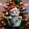 Christmas Pendant 2D Charm Hanging Decor Acrylic Cat Sitting Mug with Lanyard Holiday Party