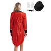 Womens Circus Magician Costume Sequin Tailcoat Long Sleeve Notch Lapel Open Front Design Hat Gloves Bowtie Set