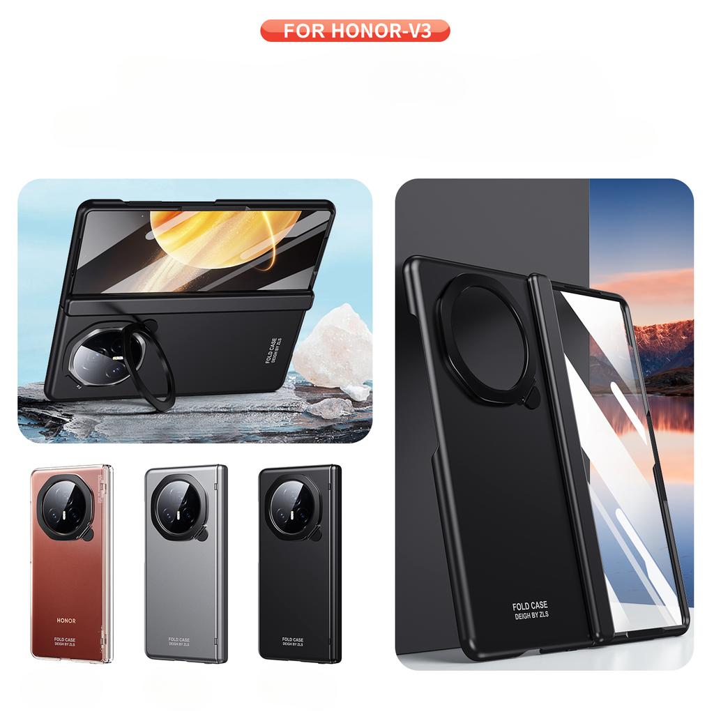 Luxury Business Frosted Plating Hinge Folding Holder Case for Honor Magic V3 Black Gray Ring Bracket and HD Glass Film Front Shockproof Protect Cover