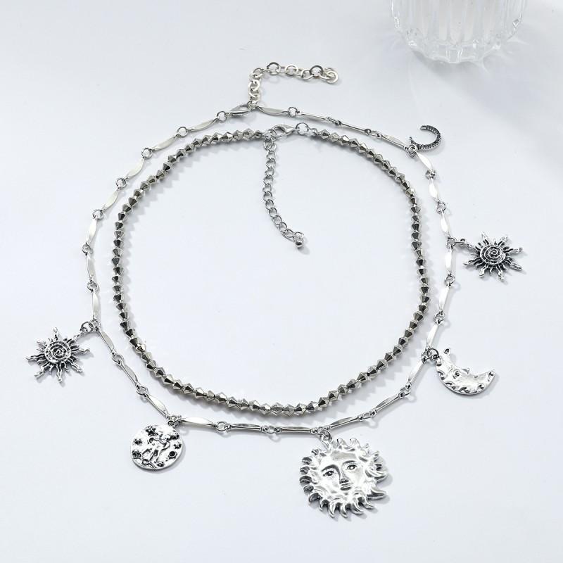 Layered Geometric Pendant Necklace With Sun Moon Star Motifs Women - Gold Alloy Fashion Jewelry