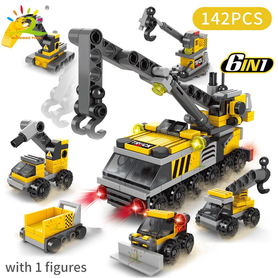 HUIQIBAO 6IN1 City Fire Car Police Truck Engineering Crane Building Blocks Tank Helicopter Bricks Set Toys for Children