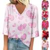 Ladies' Loose Casual Seven Quarter Sleeve V-neck Valentine's Day Printed T-shirt Top