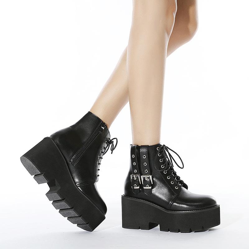 Кожаные готические черные сапоги женские на каблуке сексуальные цепочки толстые каблуки платформы женские ботильоны в стиле панк Zipperhi9