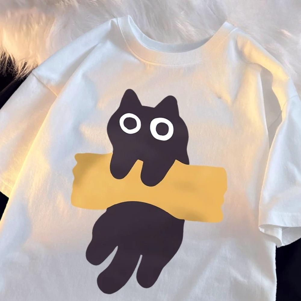 Cat Print Short Sleeve T-shirts for woman cartoon T-shirts Round Neck Japanese Style soft streetwear casual summer T-shirts