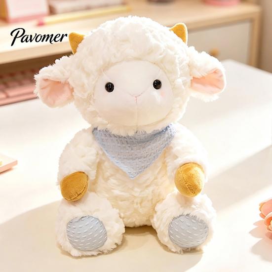 Soft Huggable Doll Cute Lamb Plush Toy, Sheep Stuffed Animal with Knit Bandana, Fluffy Curly Fur Plushie for Kids Girls Birthday Gift, Year