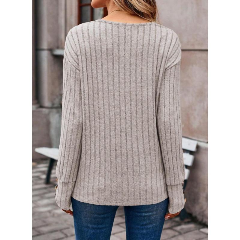 Autumn Winter Women's Long Sleeve V-neck Shirt Solid Color Button T-shirt