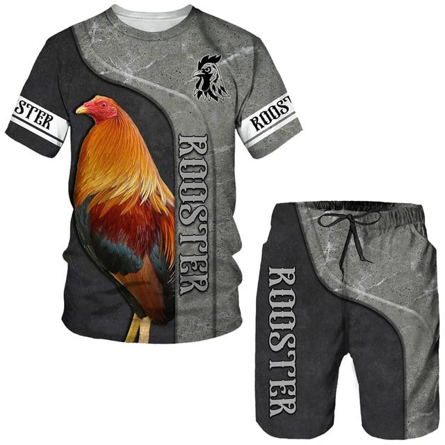 Спортивный комплект, мужская одежда, летняя одежда ROOSTER RANCH GRASS с 3D принтом, повседневный мужской костюм из двух предметов, короткие наряды, футболка + шорты мужские
