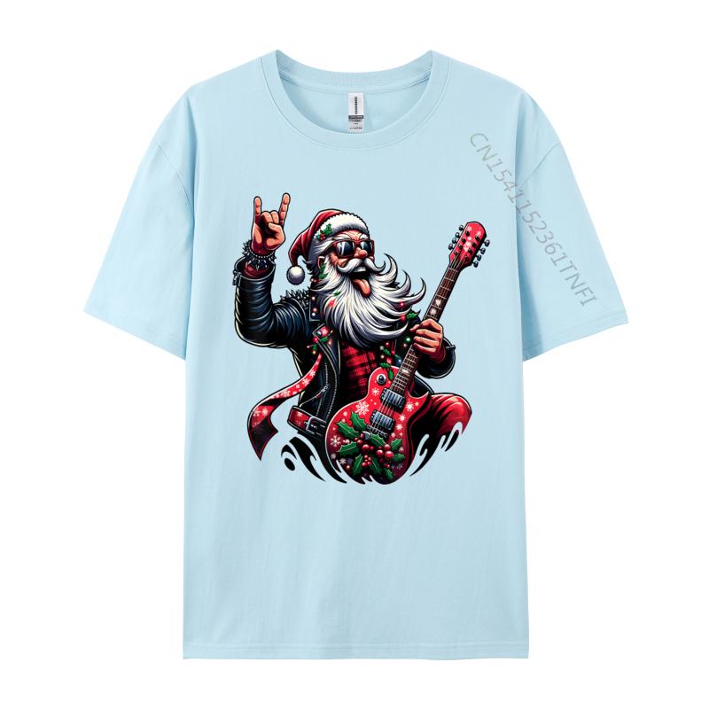 Rock Roll Christmas Santa Claus Guitar Player T-Shirts Autumn Soft Mens Tee Shirts Pure Cotton T Shirts