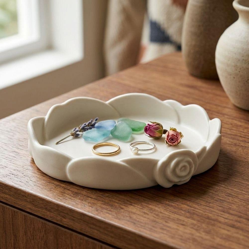 Plastic Rose-Shaped Jewelry Storage Tray 3D Printed Floral Decorative Holder Vanity Tabletop