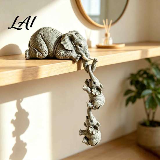 Symbolic Good Luck Elephant Decor Shelf Sitter Mother Hanging 2 Baby Elephants on The Handcrafted Sculptures for Living Room Edge Hand-Painted Resin