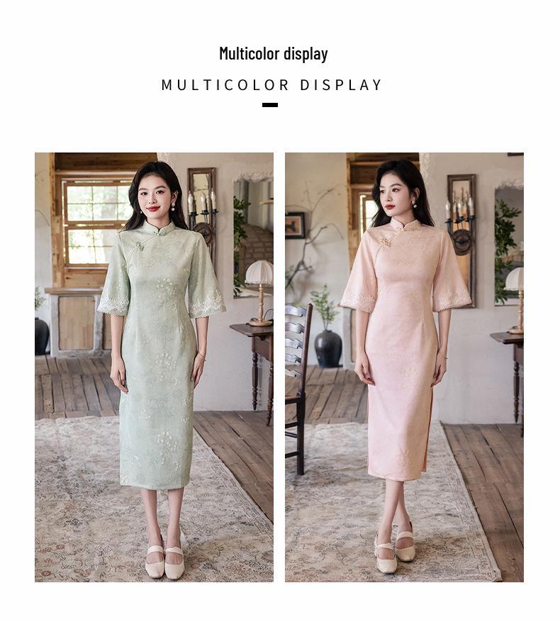 Чонсам Bei Zhi Yun из зеленой замши с широкими рукавами - Осенняя коллекция 2025