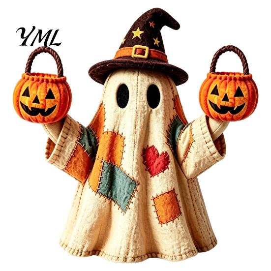 Indoor Halloween Party Supplies Lighted Vintage Patchwork Ghost, LED Light Up Ghost with Pumpkin Lantern, Spooky Nostalgic Fall Mantel Decor Cute for