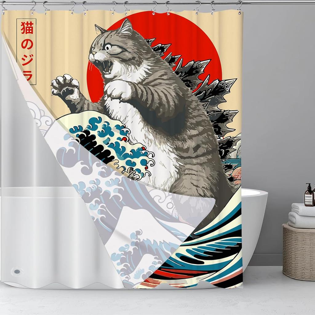 Japanese Cat Shower Curtain, Vintage Anime Sunset Wave Art, Waterproof Fabric With Hooks