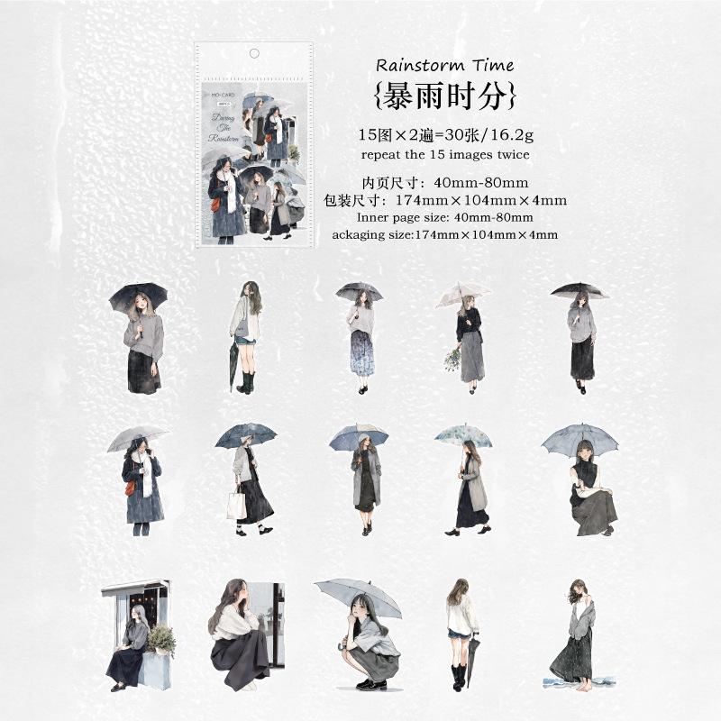 30 pcs The theme of the girl in the rain Stickers The girl with an umbrella Decorative Adhesive Diy Sticker pack