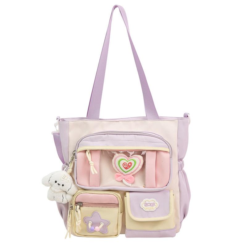 Contrast Color Student Shoulder Bag Girl's Large Capacity Crossbody Tote Bag