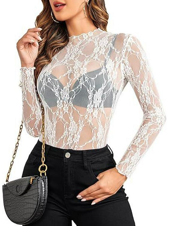 2024 European & American Style Lace Floral See-Through Long-Sleeve Women's Top