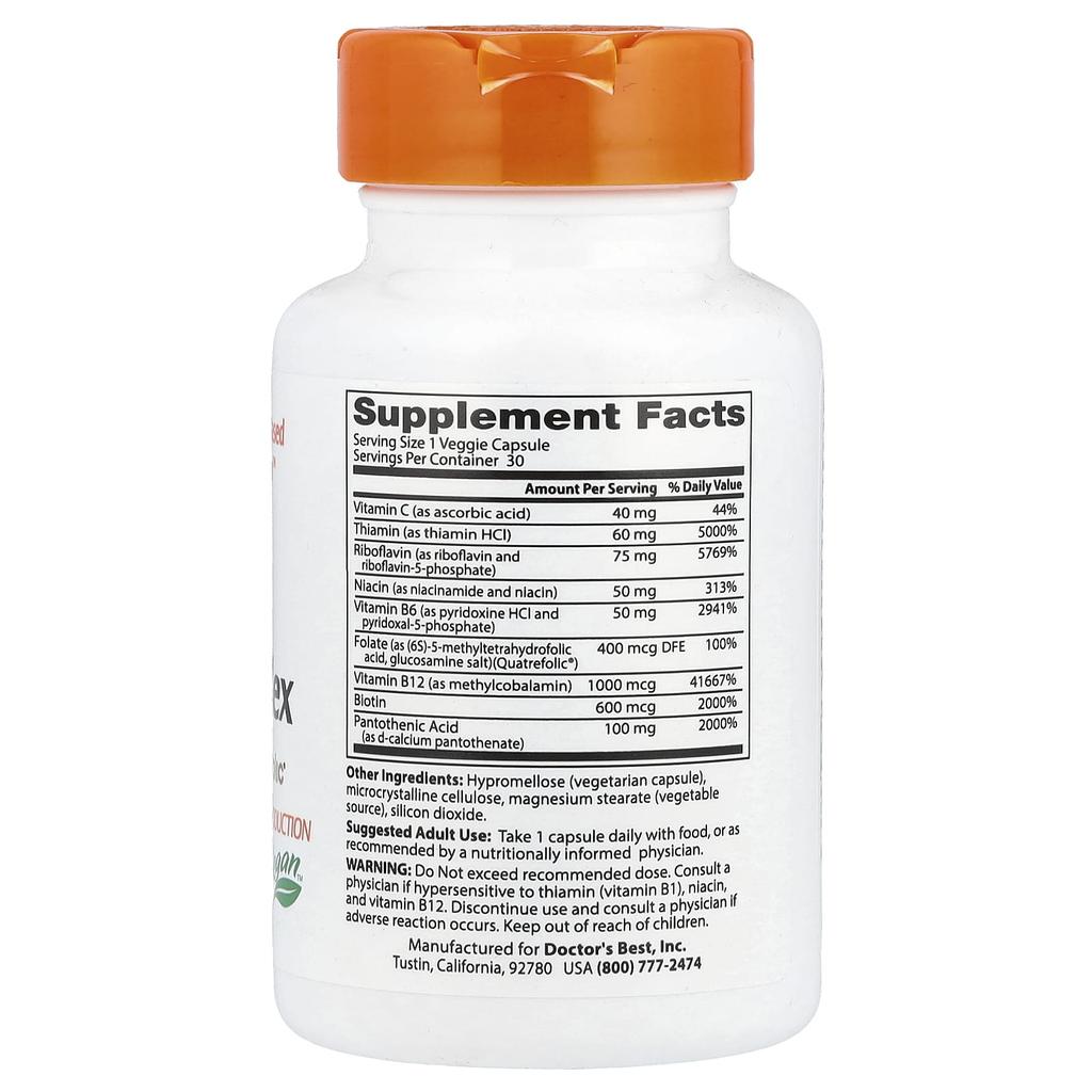 Doctor's Best, Полностью активный комплекс витаминов группы B с Quatrefolic, 30 растительных капсул