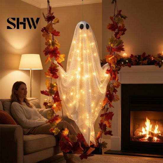 Mysterious Holiday Window Decorations Swinging Ghost Outdoor Decor, Large Halloween Hanging with Maple Leaf Spooky Tree Ornaments Vine Lights