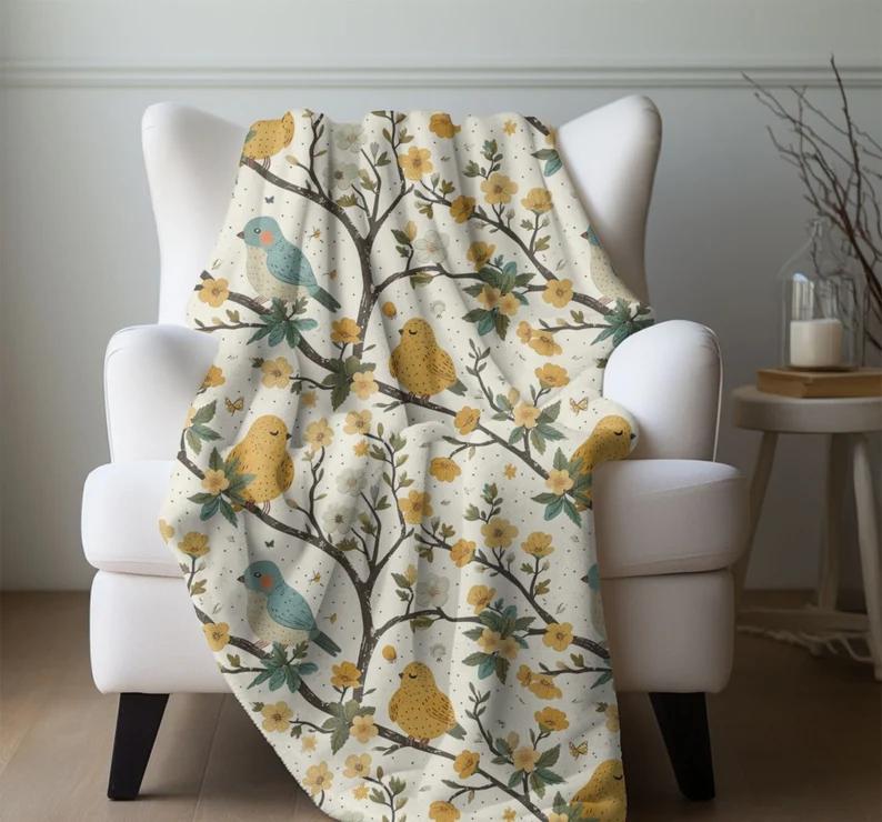 Spring Bird Throw Blanket Bird Watchers Gift Lovers Blue Yellow Bird Fleece Lap Blanket Mother's Day Gift for Christmas Present