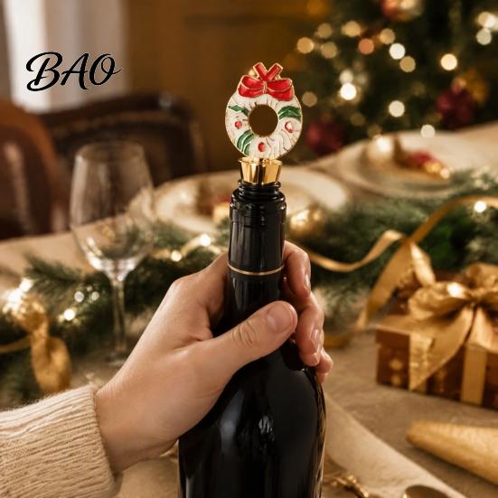 Reusable Zinc Alloy Cork Christmas Theme Wine Stopper, Santa Snowman Garland Pattern, Festive Bottle Holiday Insert with Silicone Sealing Ring,