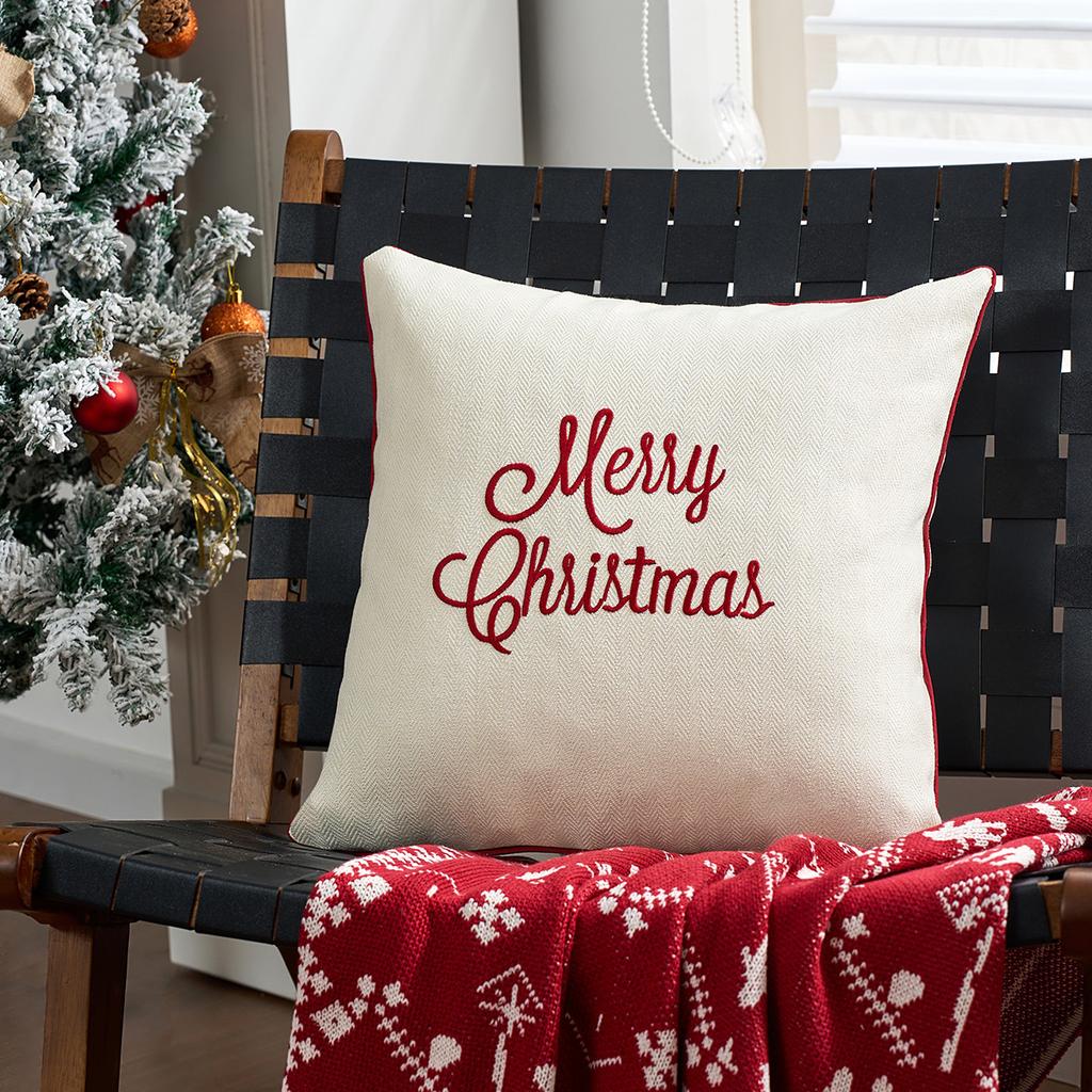 Red Embroidered Merry Christmas Throw Pillow Case Decorative Sofa Cushion Cover for Home Holiday Party Decor