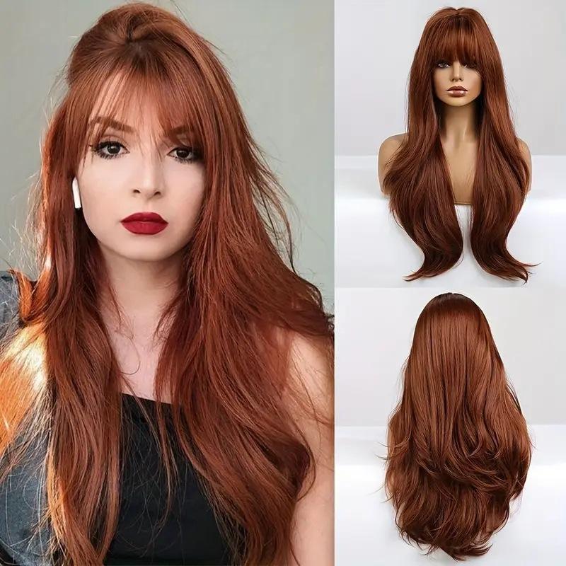 Cross-Border Fashion Adjustable Heat Resistant Long Curly Hair Bangs Light Brown Lace Women's Face-Slimming Wig 130% Density
