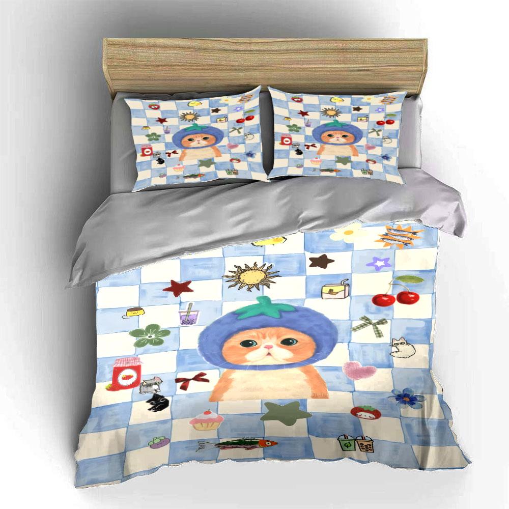"Cat Illustration Decor Set" Bedding Set with 1 Duvet Cover 2 Pillowcases Single Double King Queen, Gift