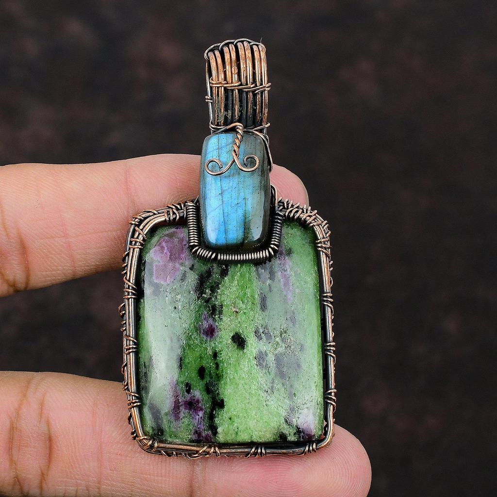 Ruby Zoisite Pendant Copper Wire Wrapped Pendant Handmade Unique Pendant Labradorite Gemstone Pendant Copper Wire Wrap Jewelry Gift For Wife