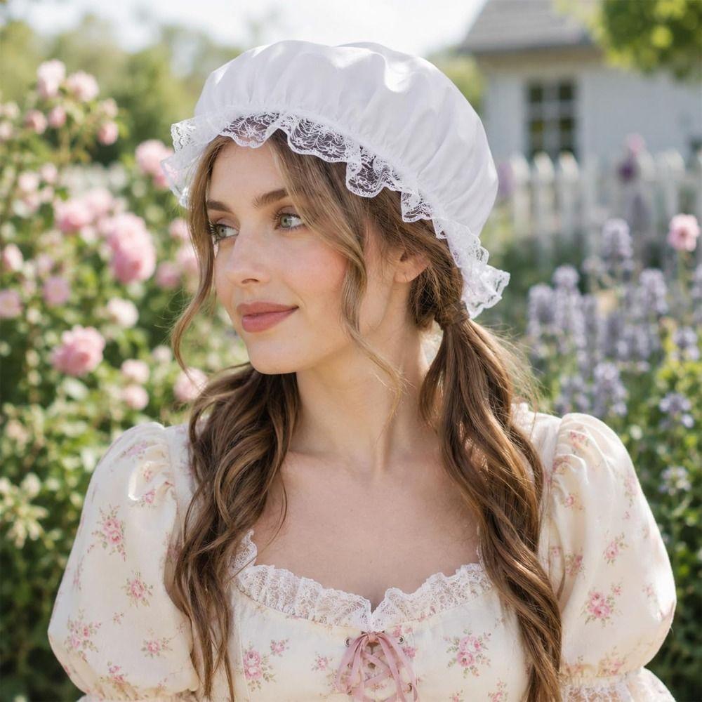Ruffled Brim Maid Bonnet Lace Trim Lace Bonnet Fashion Colonial Bonnet Costume Parties