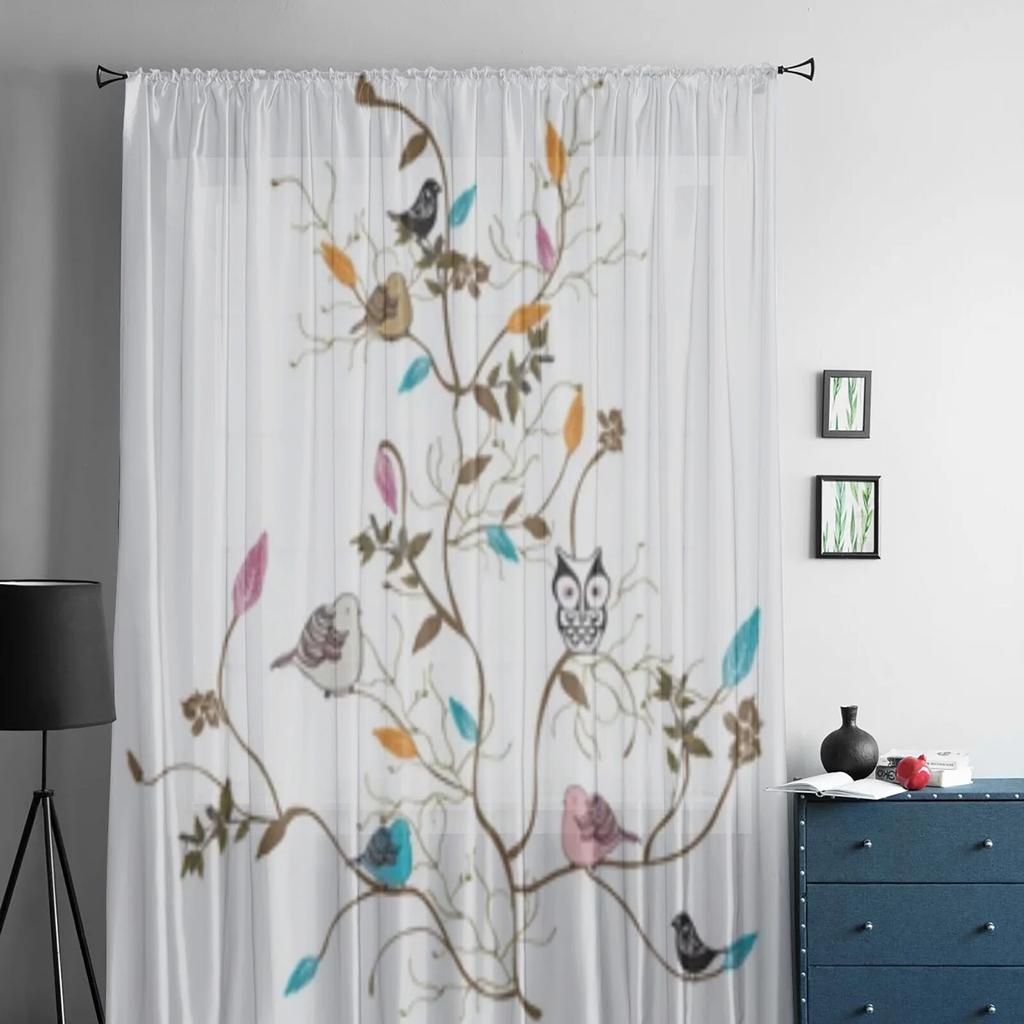 Прозрачные шторы с птицами на ветках для гостиной, тюлевые шторы для детской спальни, кухонные шторы для окон