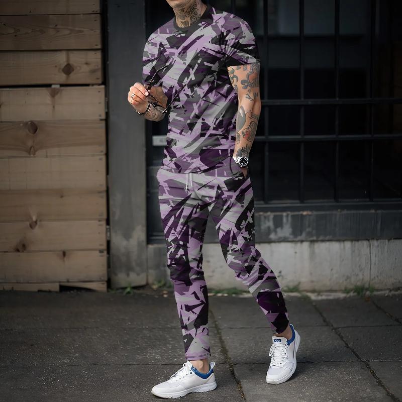 Новые летние мужские длинные брюки, спортивный комплект из 2 предметов, 3D ретро-стиль милитари, футболка с короткими рукавами + длинные брюки, уличная одежда