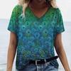 Summer V Neck Women Peacock Feather Graphic Fashion Short Sleeve Harajuku Y2k Top Oversized Casual