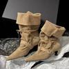 Осень Зима Искусственная Замша Плетение На шнуровке Женские Мотоботы Мода Высокий Каблук Челси Вестерн До середины икры Короткие Ботильоны Обувь