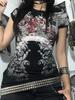 American Gothic Dark Rose Print T-shirt Women Y2K Retro Hip-hop Punk Hot Girl Waist-hugging Sexy Slim Harajuku Casual Top