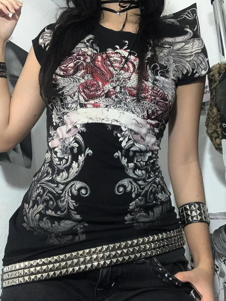 American Gothic Dark Rose Print T-shirt Women Y2K Retro Hip-hop Punk Hot Girl Waist-hugging Sexy Slim Harajuku Casual Top