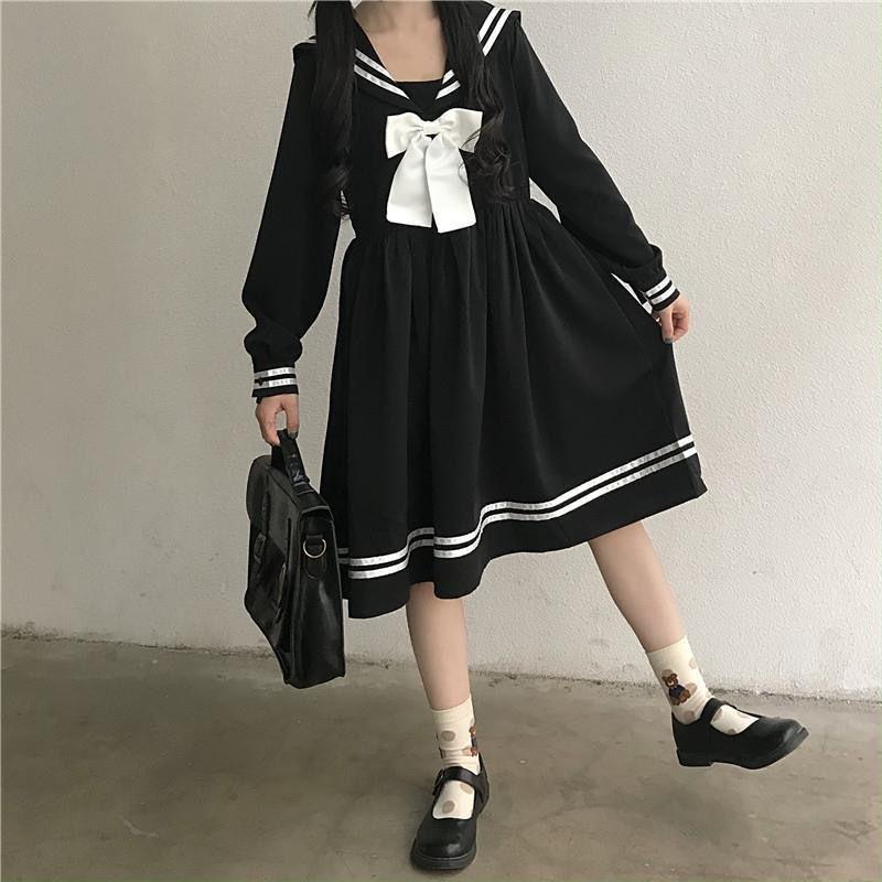 Женские платья в стиле Лолиты, темно-синее платье Sailor JK, женский халат с матросским воротником и пышными рукавами