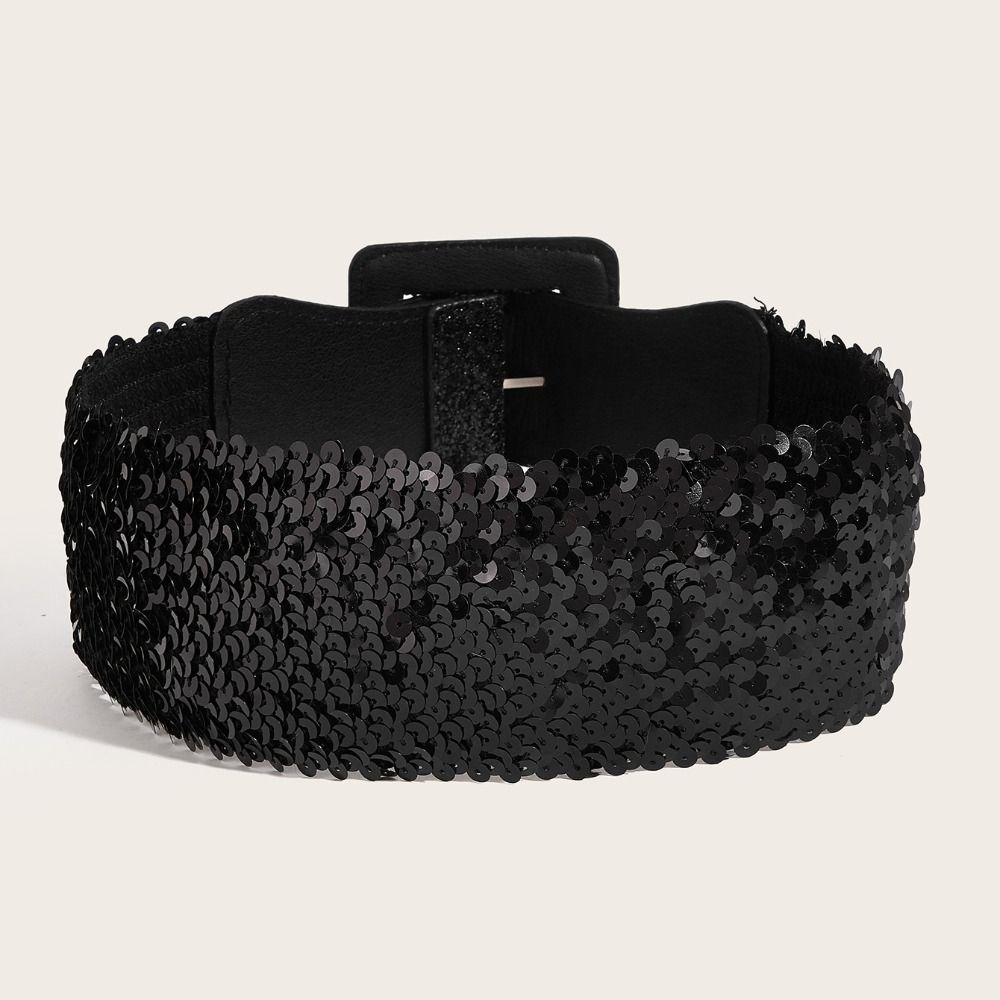 Shiny Elastic Cummerbunds Metal Square Buckle Waist Corset Belts Personality Wide Belt  Ladies