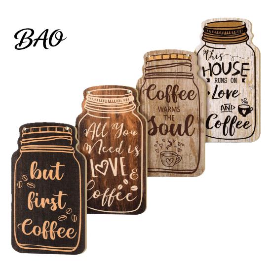 Coffee Theme Wall Hanging 4Pcs Bar Wooden Sign, Farmhouse Rustic Mason Jar Shaped Art Decoration, Plaque for Cafe Kitchen Dining Room Sign