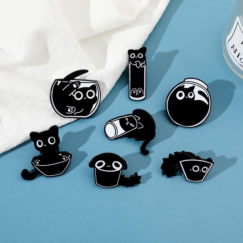 Fish Tank Black Kitten Brooches Cup Cat Metal Badge Animal Jewelry Gift Black Cat Enamel Pin  Coat