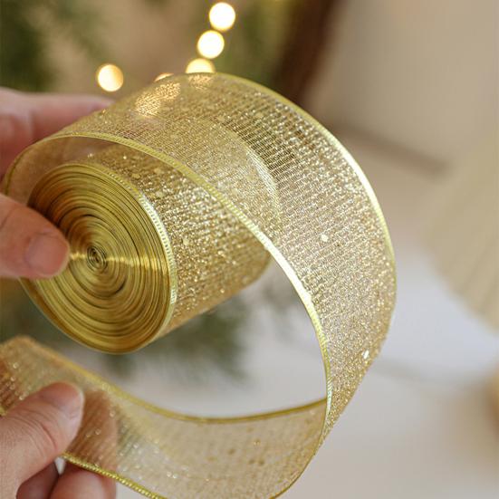 Translucent Polyester Ribbon for Bows 2.5" x 2.2 Yards Gold Sheer Christmas Tree Decoration and Gift Wrapping Wrapping, Mesh Fabric DIY Crafts Floral