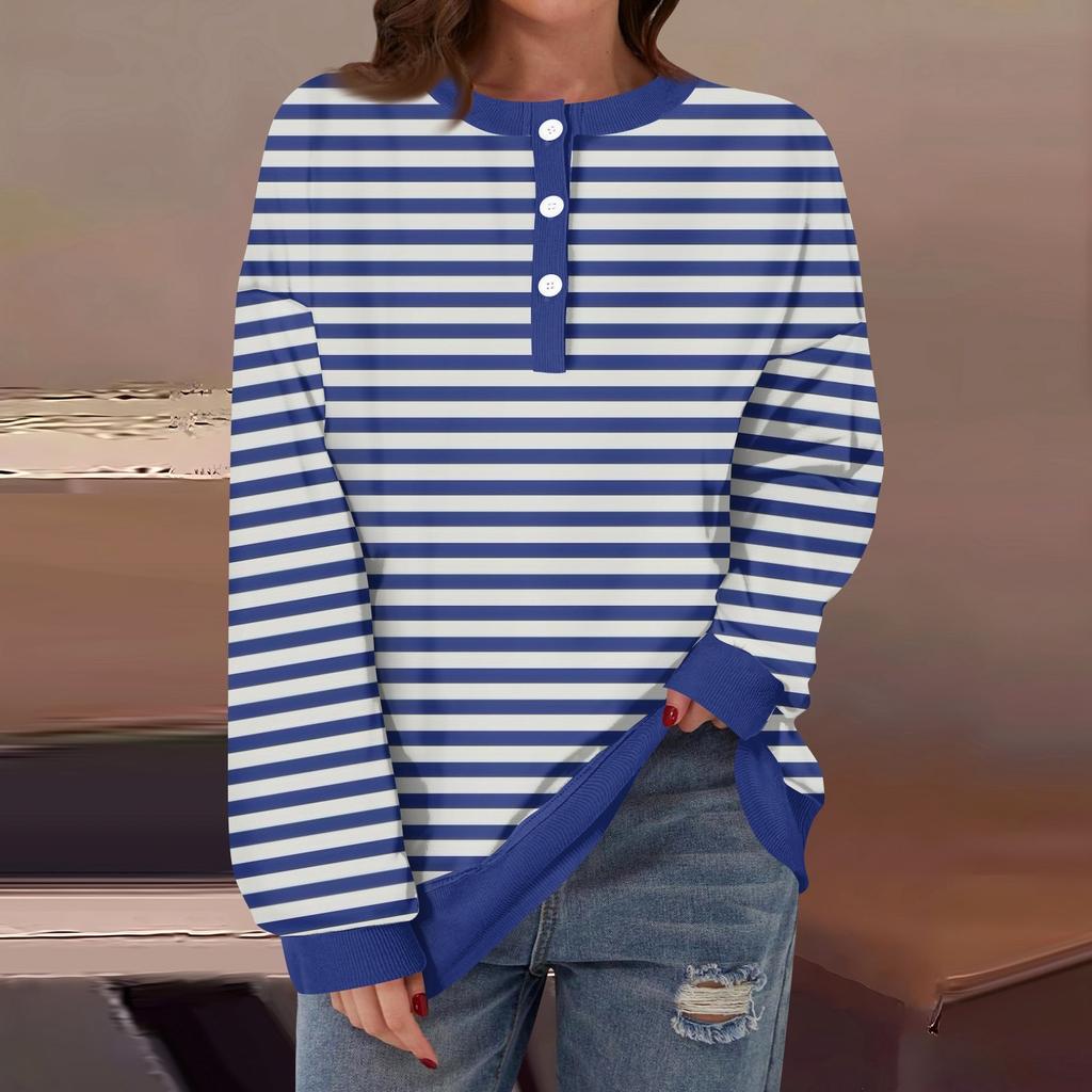 Женская повседневная мода удобная полосатая футболка с длинным рукавом и круглым вырезом на пуговицах, свободный подол с боковыми разрезами