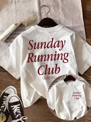 Women's Top with Double-Sided Print, Y2k Style, Sunday Running Club Text, Spring Summer Casual, Round Neck, Printed Short Sleeve