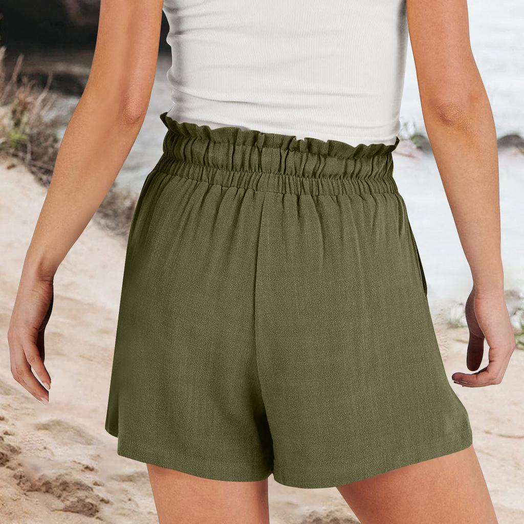 Женские льняные шорты, летние пляжные повседневные удобные шорты с эластичной резинкой на талии, легкие шорты на шнурке, повседневные шорты с карманами