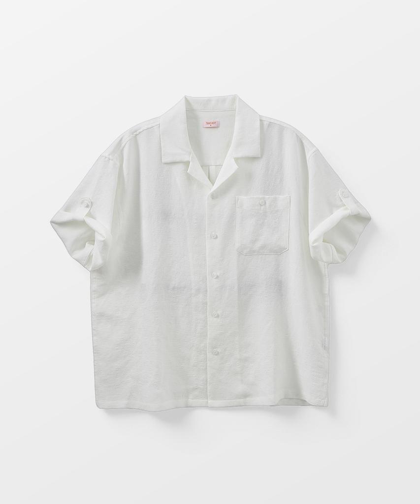 TAKEASY Linen-Like Roll-Up Half Shirt (White)