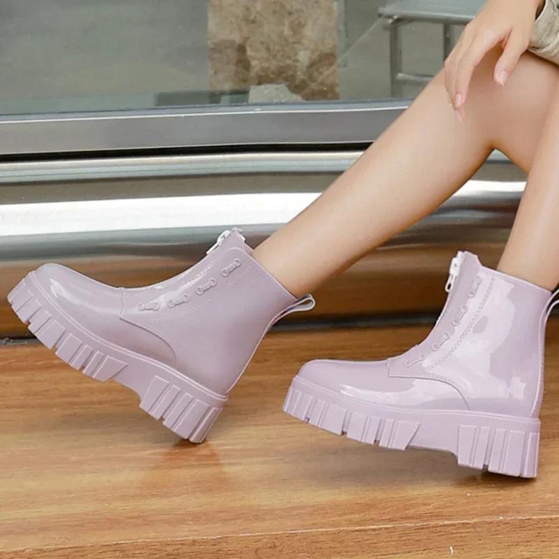 Водные туфли Женская обувь Модные ботильоны из мягкой резины ПВХ Водонепроницаемые женские туфли на плоской подошве с молнией Короткие ботинки Botas De Mujer2025