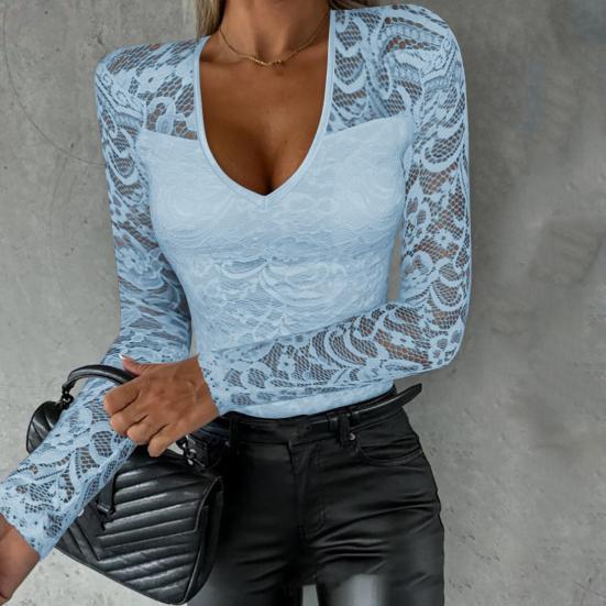 Осень-весна женский топ с вырезом из кружева с цветочной вышивкой, однотонный однотонный топ с v-образным вырезом и длинным рукавом, облегающий лоскутный мягкий женский сексуальный топ