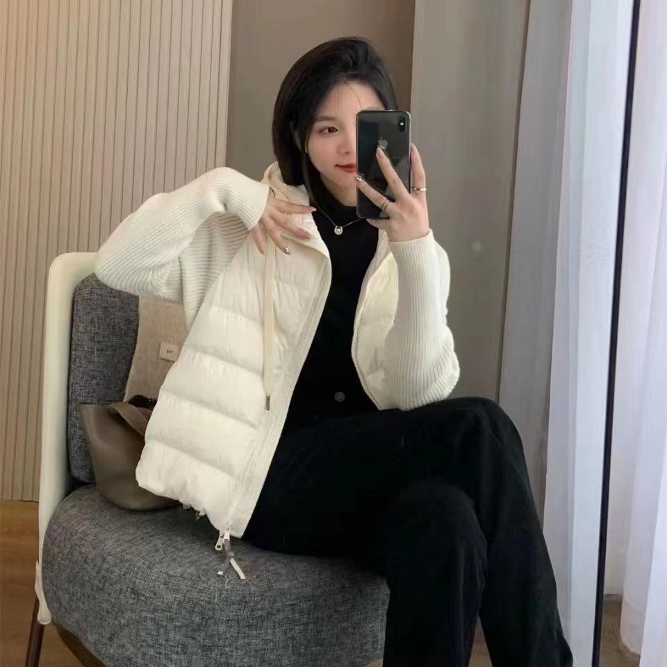Autumn and winter white duck down knitted sleeves splicing high-end down jacket women's short hooded loose coat tide