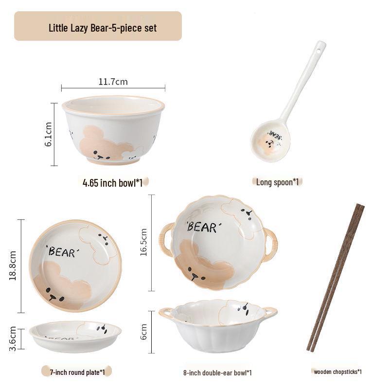 Милый кремовый керамический набор из миски и тарелки: Стильная подглазурная посуда для риса и овощей